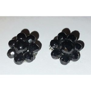 Vintage Made in Western Germany Black Round Faceted Beaded Clip-on Earrings